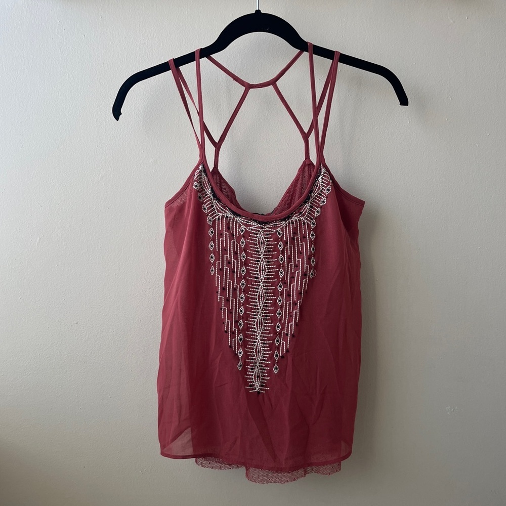 Miss Me Red Strappy Embroidered Open Back Tank Top- Small